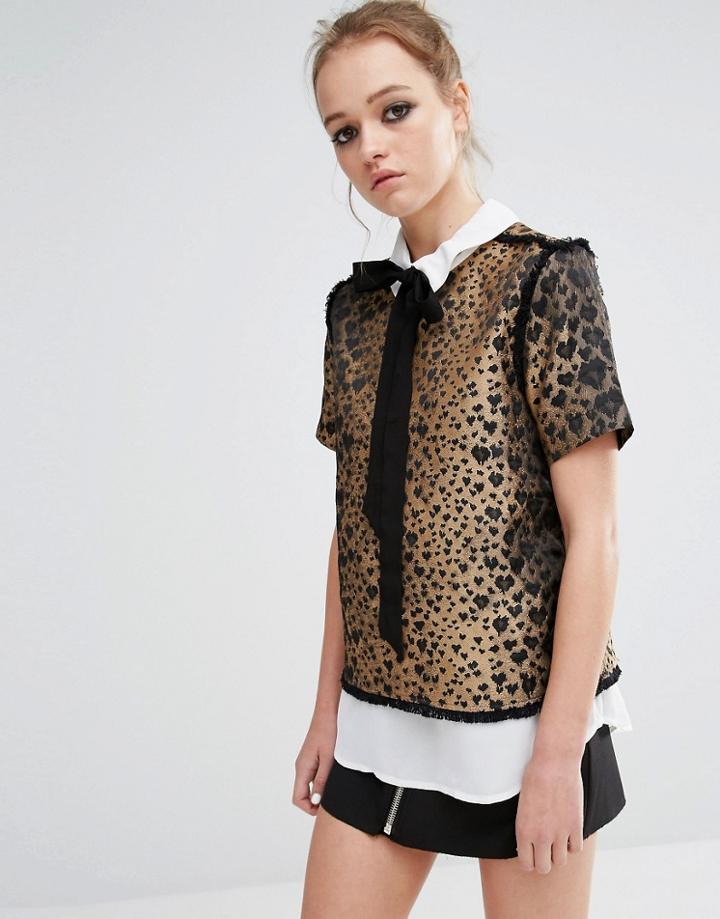 Sister Jane Double Layer Top With Tie Neck In Heart Leopard Print - Gold