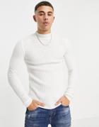 Asos Design Knitted Muscle Fit Rib Turtle Neck Sweater In White