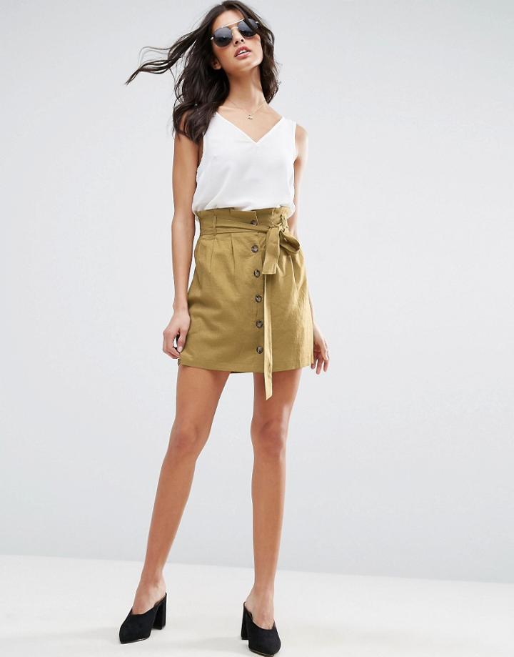 Asos Button Through Linen Mini Skirt - Green