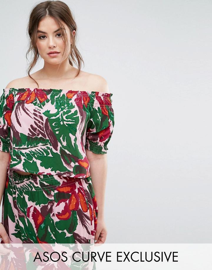 Asos Curve Off Shoulder Top In Palm Print - Multi