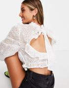 Lost Ink Blouse With Puff Sleeves And Open Back In Eyelet-white