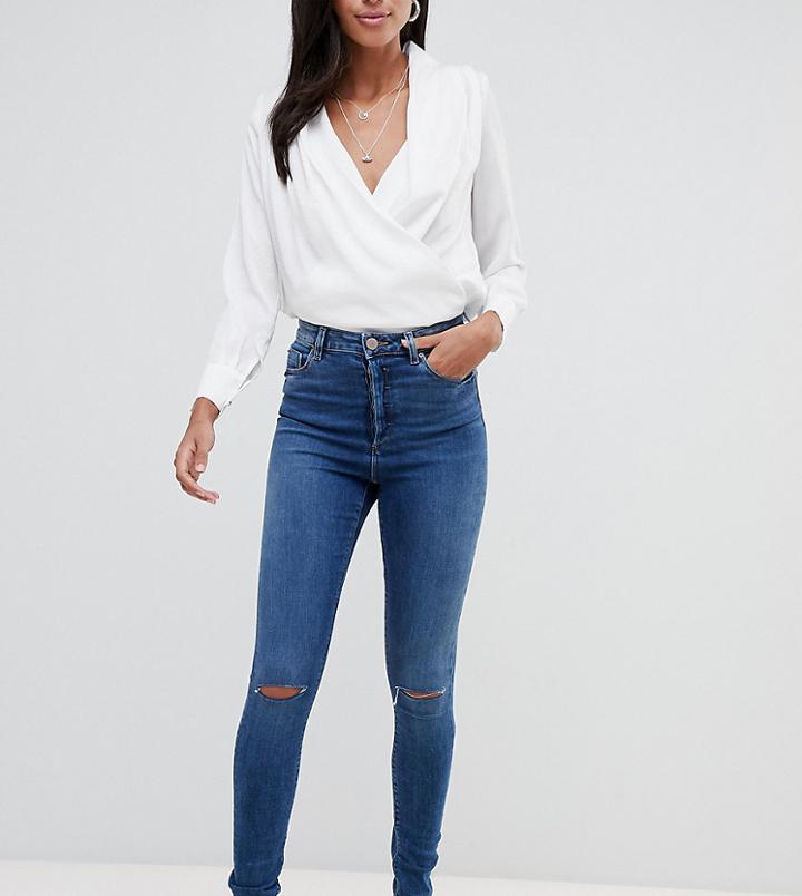 Asos Design Tall Ridley High Waist Skinny Jeans In Extreme Dark Stonewash With Button Fly And Ripped Knee - Blue