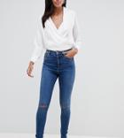 Asos Design Tall Ridley High Waist Skinny Jeans In Extreme Dark Stonewash With Button Fly And Ripped Knee - Blue