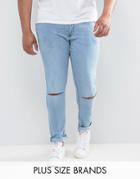 Jacamo Plus Skinny Jeans With Knee Rips In Bleach Wash - Blue