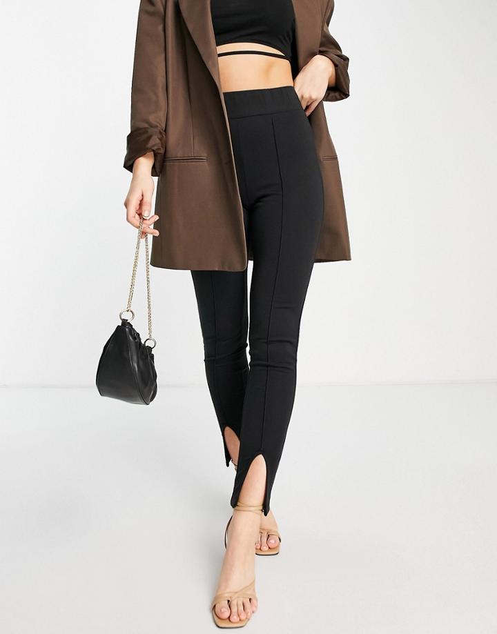 Vila Structured High Waist Leggings With Pintuck And Split Front In Black