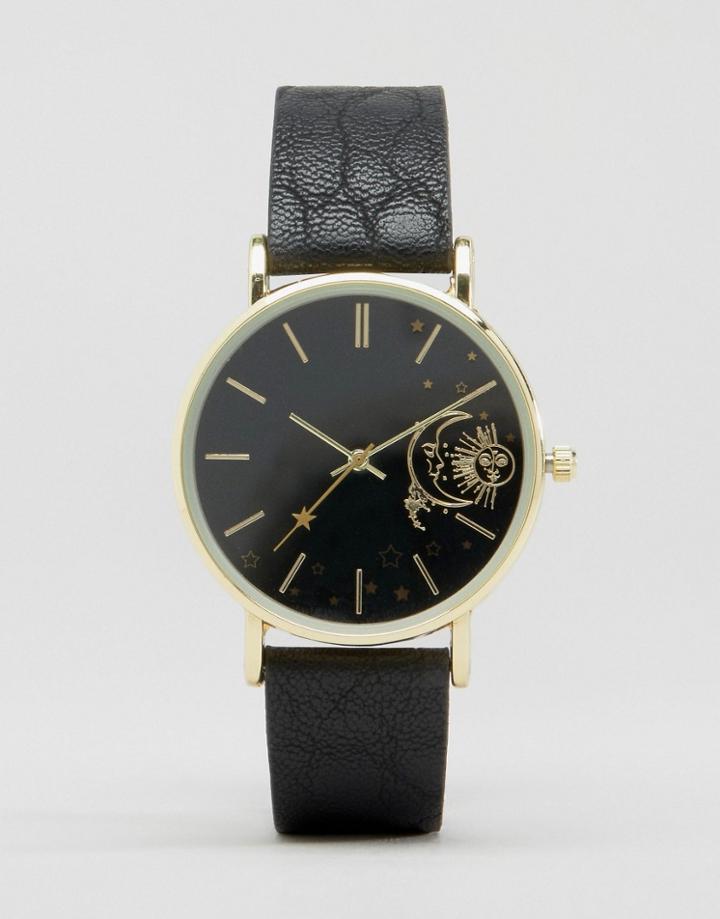 Asos Moon & Star Dial Detail Watch - Black