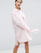 Asos Cotton Shirt Dress With Oversized Cuff & Bow Detail - Pink