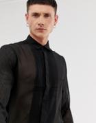 Asos Design Regular Fit Sheer Black Shirt With Pleated Front - Black