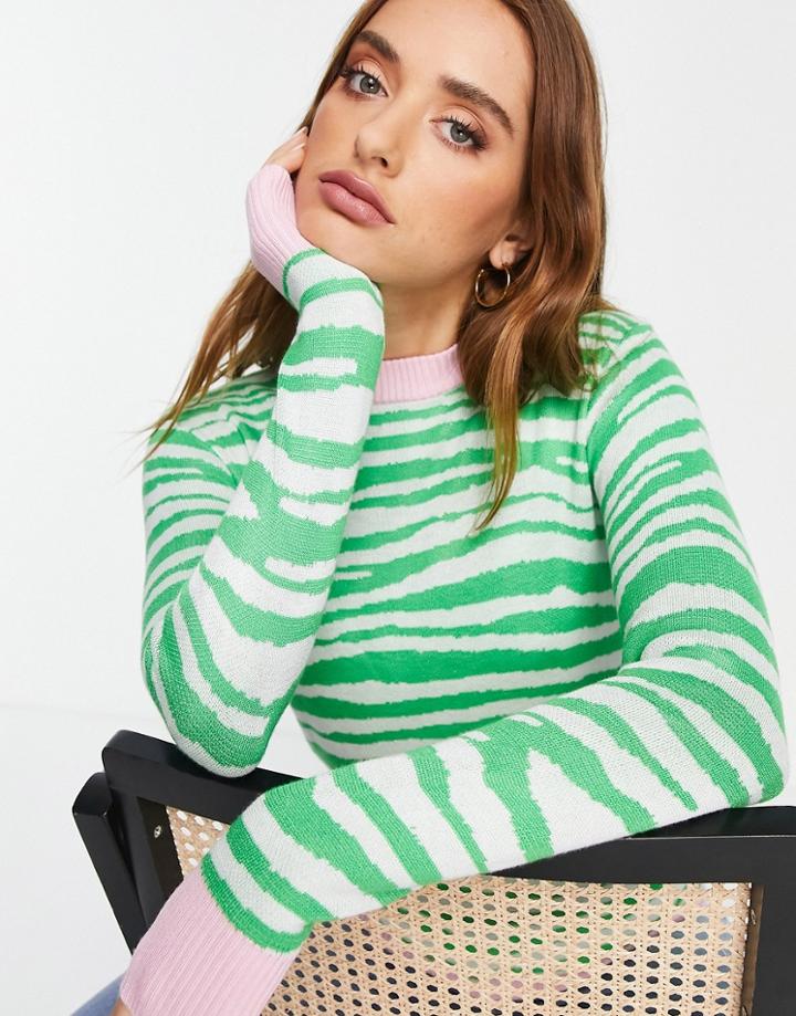 Gianni Feraud Zebra Print Contract Trim Sweater In Green Multi