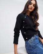 Miss Selfridge Jumper With Faux Pearl Detail In Black - Black