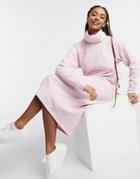 Asos Design Super Soft Exposed Seam Sweater Midi Dress With Cowl Neck In Pink