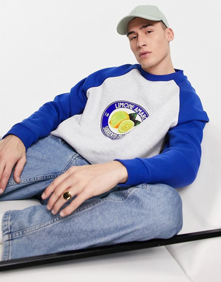 Asos Design Oversized Sweatshirt In Navy And White Blocking With Lemon Print-multi