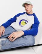 Asos Design Oversized Sweatshirt In Navy And White Blocking With Lemon Print-multi