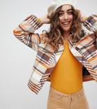 Monki Trucker Jacket In Brown Check Print-orange