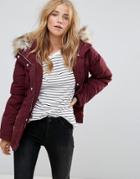 Vila Down Padded Short Jacket With Faux Fur Collar - Purple