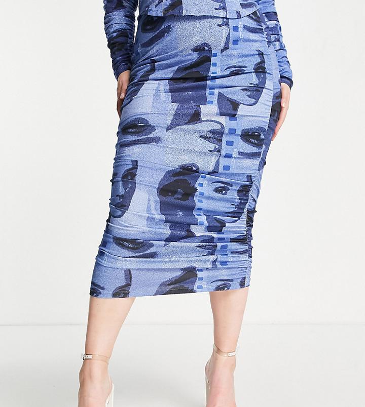 Asos Design Curve Midi Skirt With Ruched Side In Graphic Print - Part Of A Set-multi
