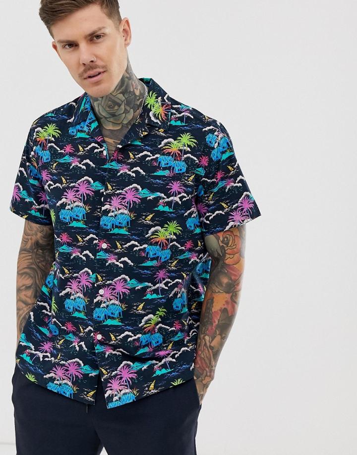 Asos Design Oversized Revere Collar Shirt In Palm Print-black