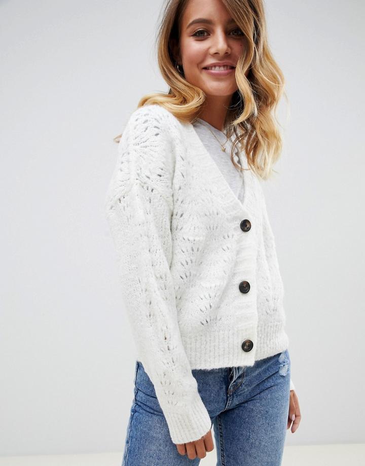 Asos Design Chunky Cardigan With Pointelle Stitch - Cream