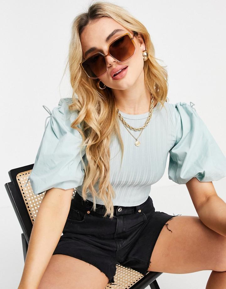 River Island Puff Sleeve Hybrid T-shirt In Green