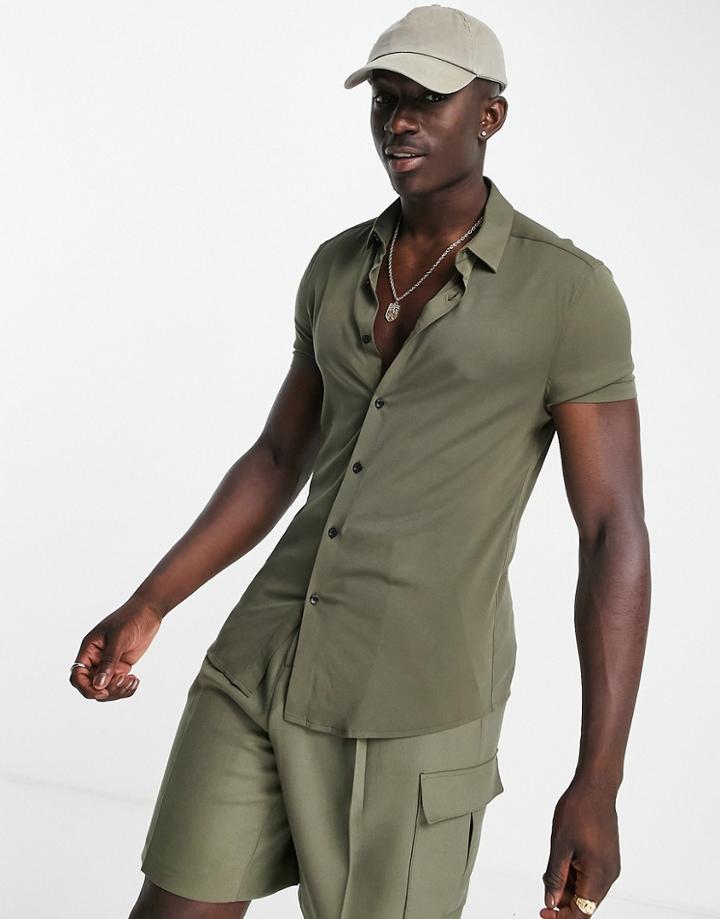 Asos Design Skinny Viscose Shirt In Khaki-green