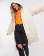 Asos Design Contrast Stitch Oversized Parka In Cream-white