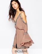 White Sand Silk Embellished Plunge Front Mini Dress With Cold Shoulder - Mink