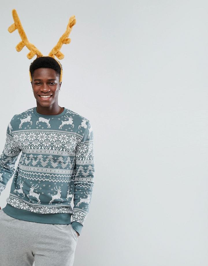 Asos Sweatshirt In Holidays Fair Isle Print - Green