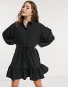 Asos Design Button Through Mini Skater Shirt Dress With Pephem In Self Stripe In Black