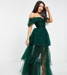 Lace & Beads Exclusive Off Shoulder Tulle Maxi Dress In Emerald Green