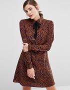 Fashion Union Shirt Dress With Ribbon Tie Neck In Animal Print - Multi