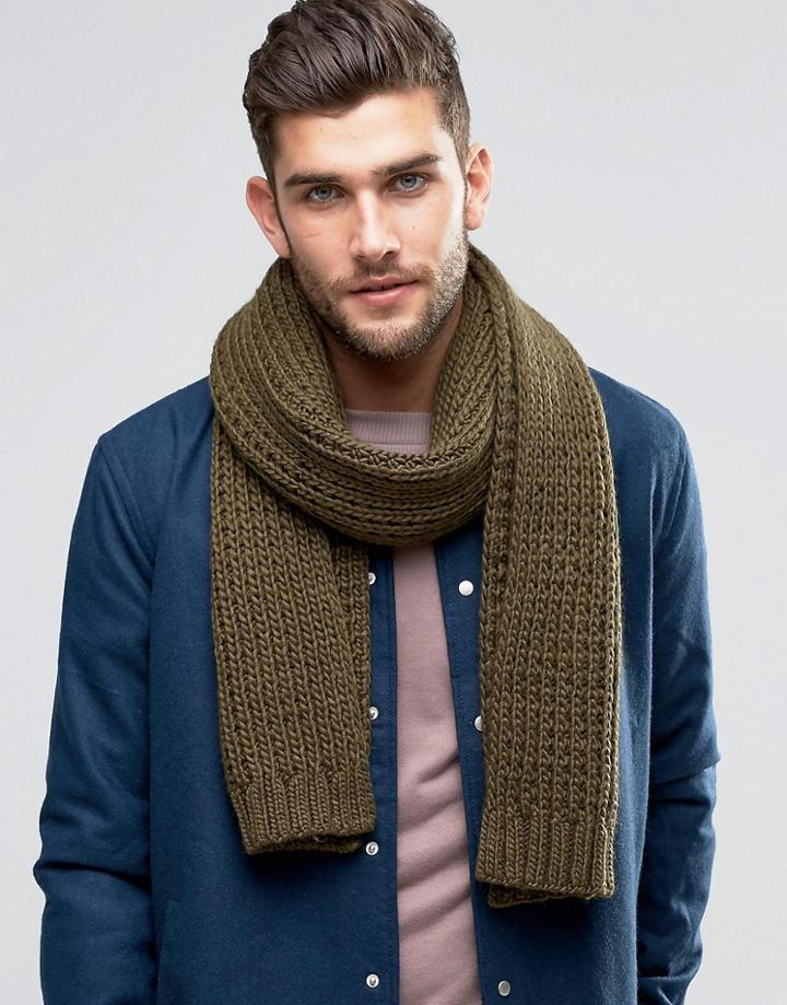 Asos Knitted Scarf In Khaki - Green