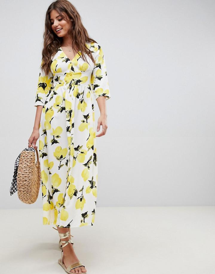 Asos Design Button Through Maxi Dress In Lemon Print - Multi