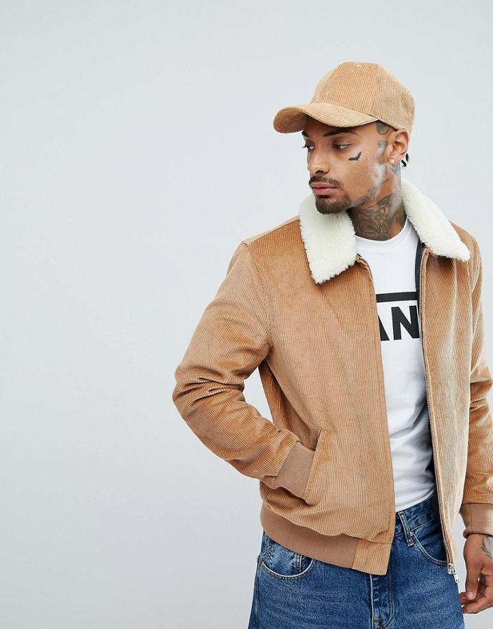 Asos Cord Jacket With Fleece Collar In Tan - Tan