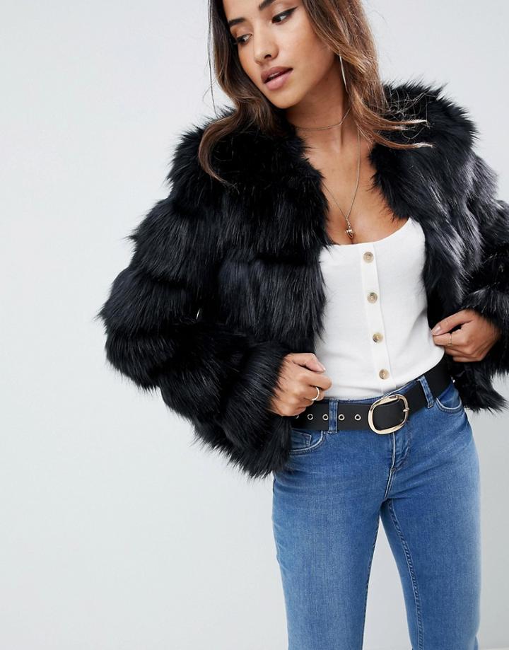 Asos Design Textured Faux Fur Coat - Black