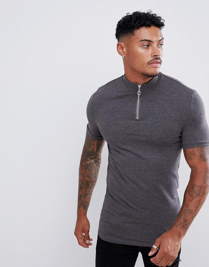 Asos Design Muscle Fit T-shirt With Zip Turtleneck In Gray - Gray