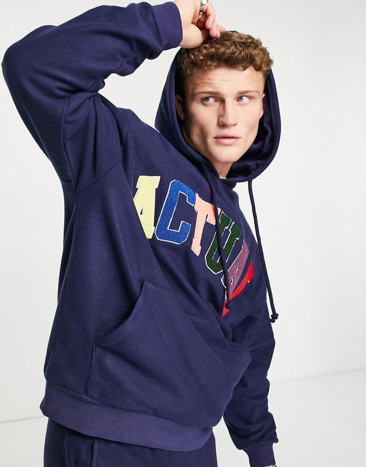 Asos Actual Oversized Hoodie In Polar Fleece With Color Pop Logo Applique In Navy - Part Of A Set