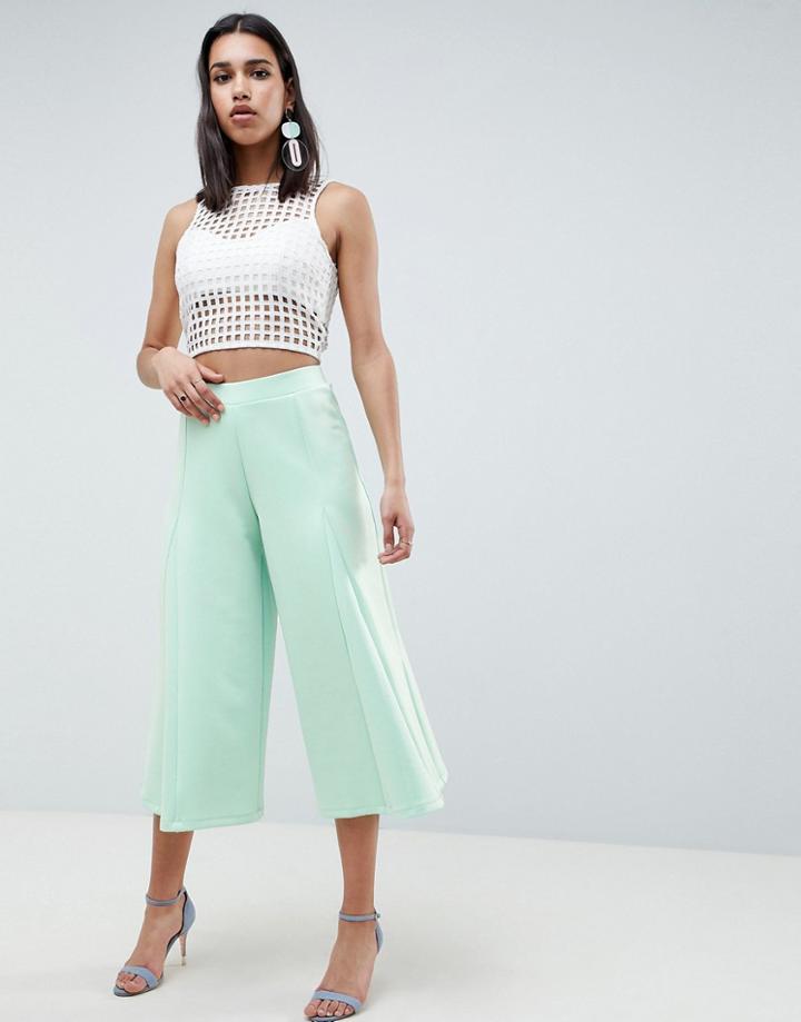 Asos Design Cropped Wide Leg Pants With Flowing Hem-green