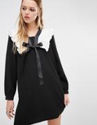 Navy London Smock Dress With Ruffle Collar And Tie Neck Detail - Black