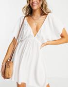 Asos Design Recycled Flutter Sleeve Mini Beach Dress In White
