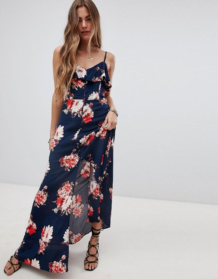 Band Of Gypsies Button Front Flounce Floral Maxi Dress-navy