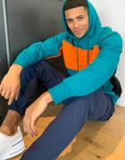 Pull & Bear Hoodie With Contrast Orange Panel In Green