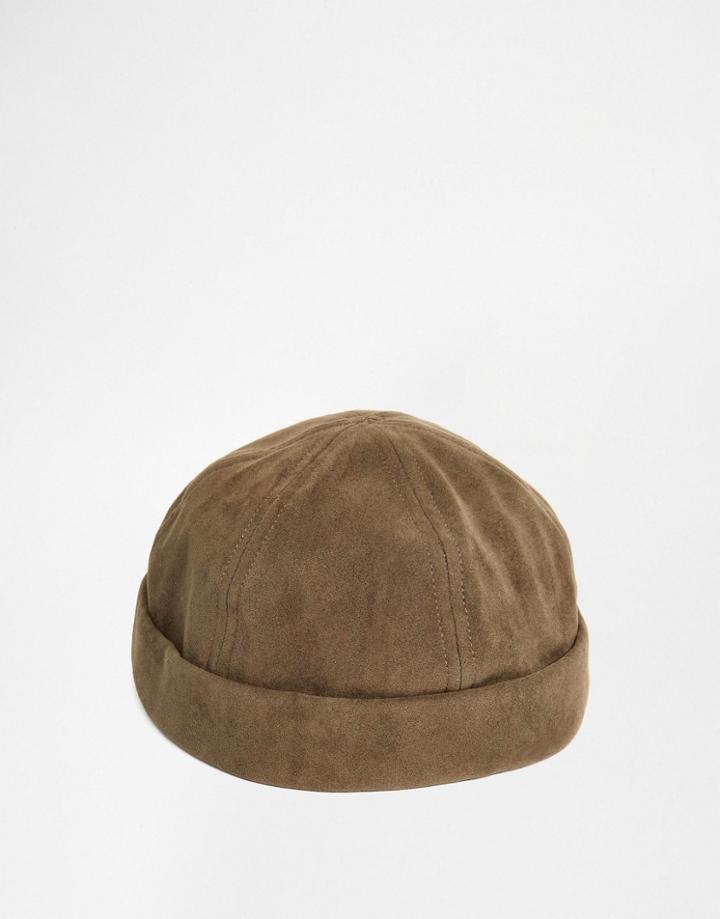 Asos Docker Cap In Khaki Faux Suede - Green