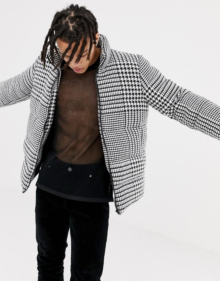 Asos Design Oversize Puffer Jacket In Dogstooth Print - Black