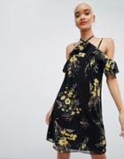 Boohoo Strappy Cold Shoulder Mini Dress In Floral Print - Black