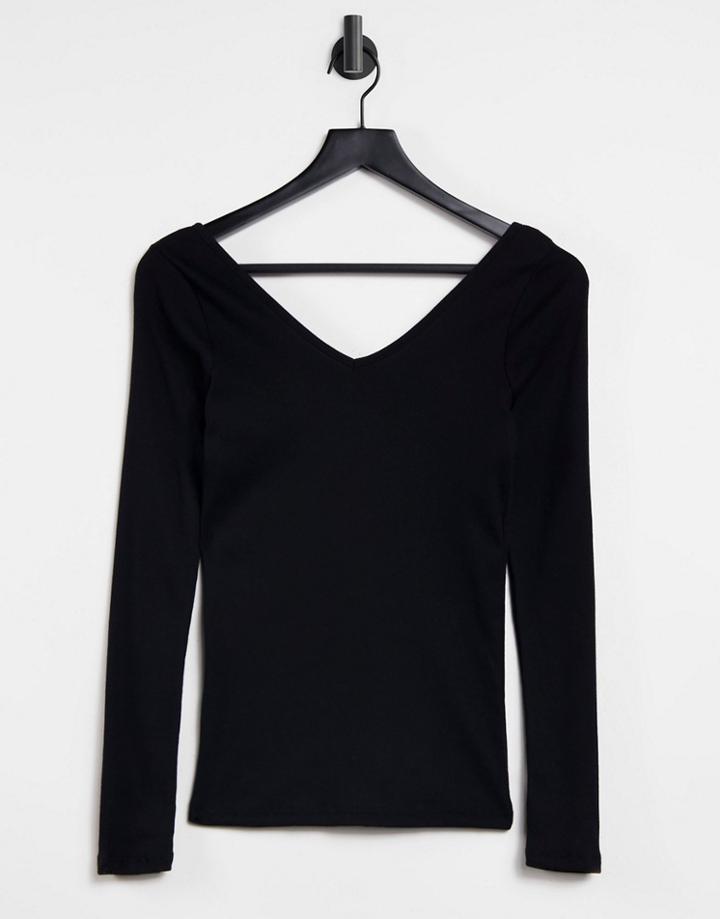 River Island V-neck Long Sleeved T-shirt In Black