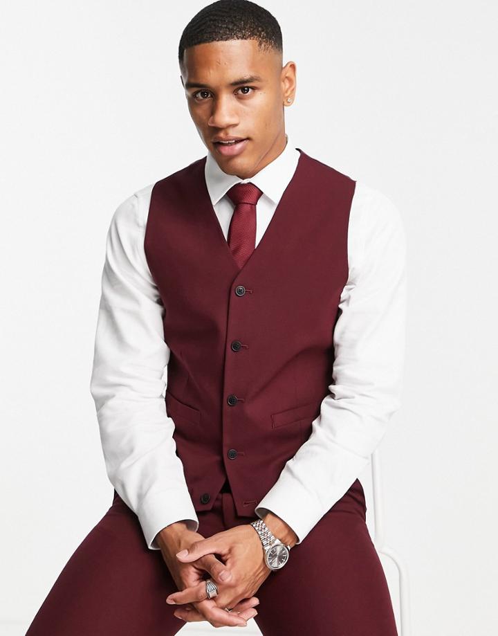 Asos Design Skinny Suit Waistcoat In Burgundy-red