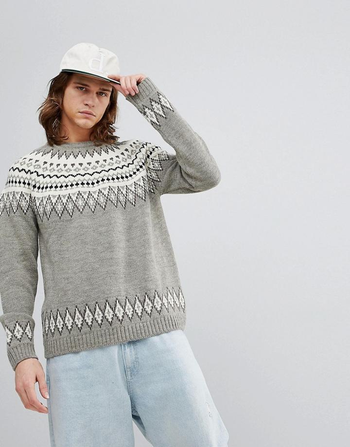 Asos Fairisle Wool Mix Sweater In Gray - Gray