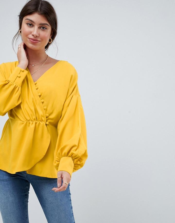 Asos Design Batwing Blouse With Asymmetric Button Detail - Yellow