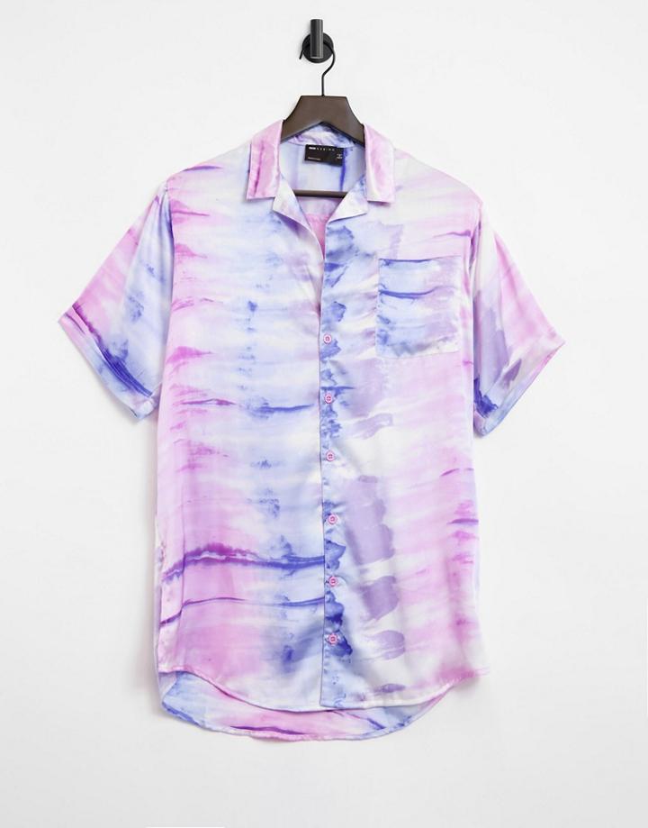 Asos Design Satin Beach Shirt In Marble Tie Dye Print-multi