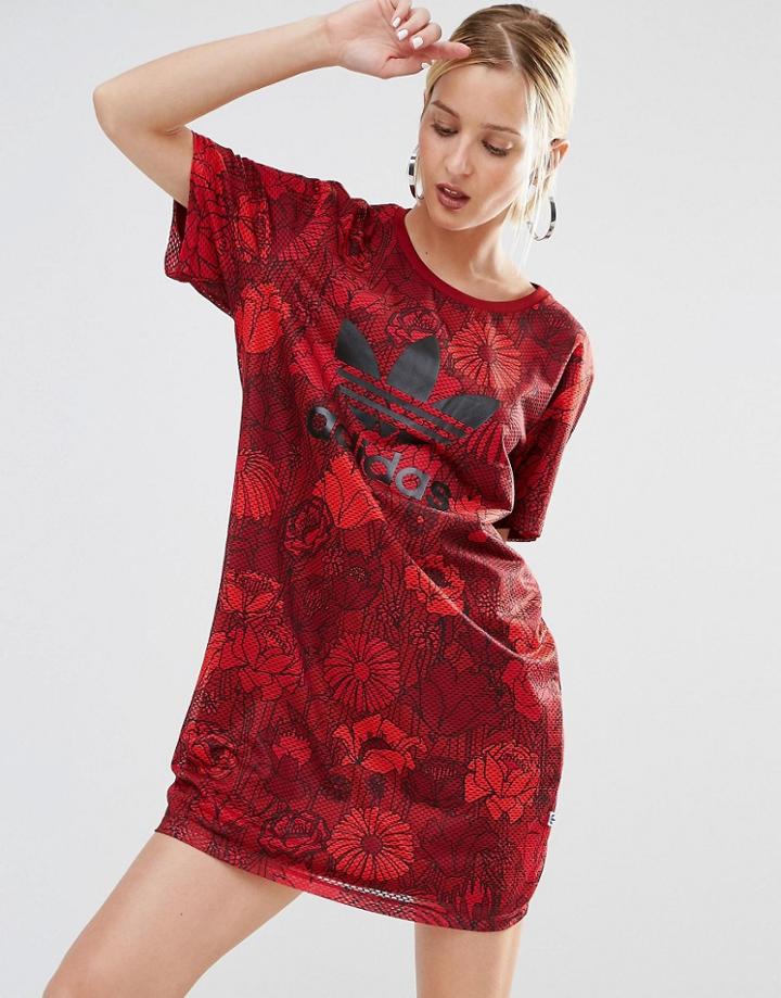 Adidas Originals Floral T-shirt Dress With Trefoil Logo - Red